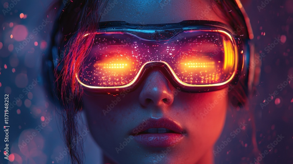 Poster virtual experience futuristic tech enthusiast in neon environment digital art close-up immersive con