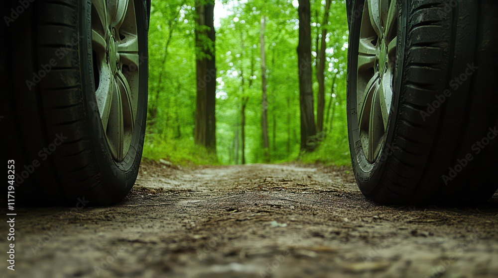 Aufkleber tires on dirt path through lush green forest, surrounded by trees, create serene and adventurous atm