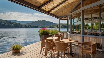 Fototapeta premium A restaurant with a view of a lake