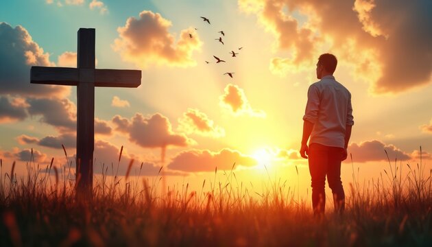 Silhouette of man contemplating in field at sunset with wooden cross. Religious scene conveys faith, reflection. Sunrise sunset atmosphere evokes peacefulness, spirituality. Possible photo stock use