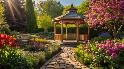 Fototapeta premium A beautiful garden with a gazebo and a bench