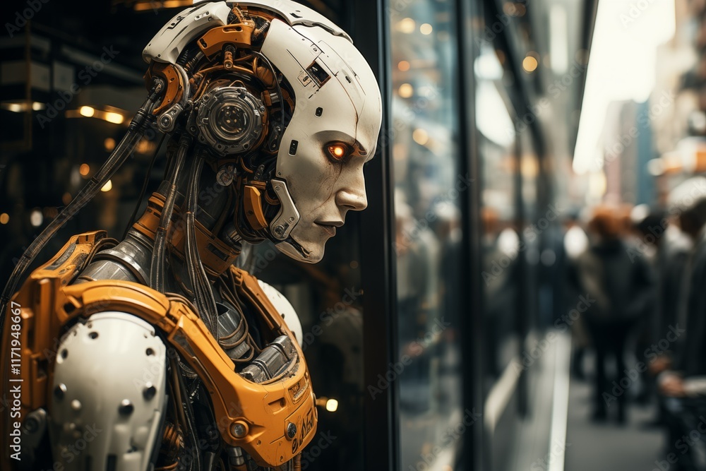 Poster futuristic robot displayed in a busy urban setting reflecting advanced technology and human interact