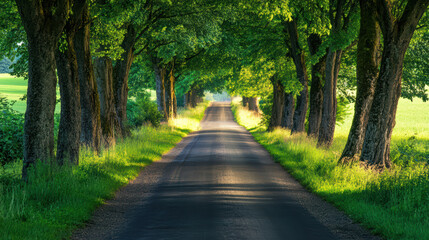 Obraz premium serene rural road lined with tall trees creates peaceful atmosphere, inviting travelers to explore lush greenery and enjoy nature beauty