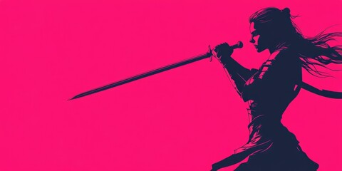 Woman Warrior Silhouette Holding Sword Pink Background