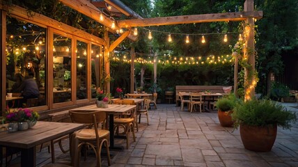 Fototapeta premium A patio with tables and chairs, lit up with lights