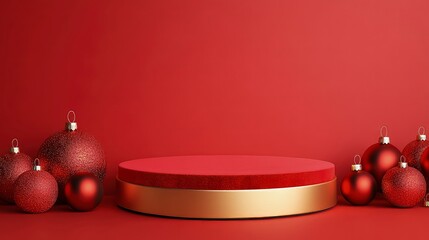 Red podium with golden edges, surrounded by Christmas ornaments red background