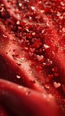 A close-up of red fabric adorned with heart-shaped confetti and glitter.