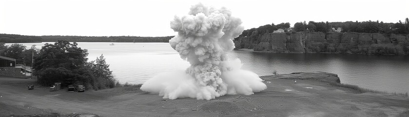 Dramatic explosion event at lakeside quarry black and white photography natural landscape aerial view industrial concept