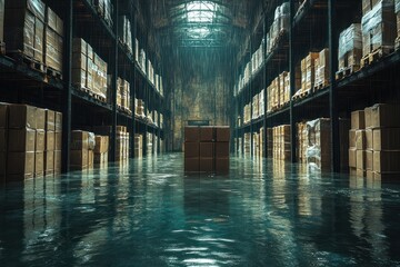 Fototapeta premium Flooded Warehouse with Boxes and Water Reflections in Abandoned Industrial Space