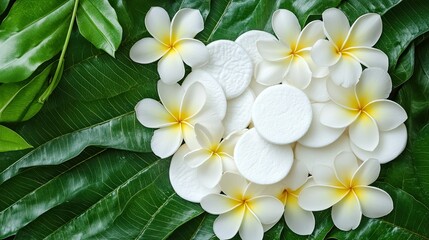 Fototapeta premium Therapy serum toners with cotton pads, styled with tropical frangipani blossoms and natural herbal elements in a spa-inspired flat lay