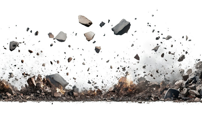 flying rubble and debris isolated on white background	