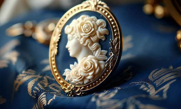 A vintage cameo brooch featuring a woman's profile surrounded by roses, set against a rich fabric background.