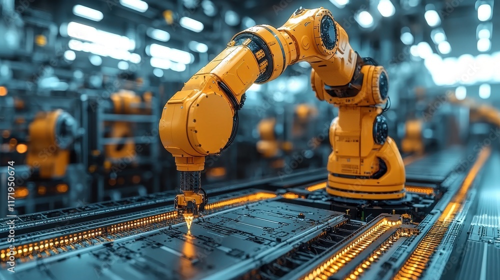 Poster robotic arm assembling products in modern factory industrial environment high-tech automation close-
