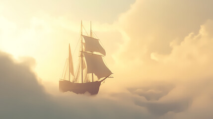 Fototapeta premium Ethereal sailing ship adrift in misty oblivion. Oblivian. Illustration