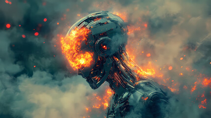 Fiery dissolution of a robotic being. Oblivian. Illustration