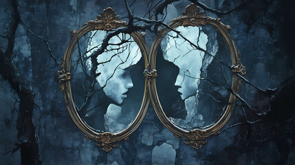 Fractured reflections: broken mirrors reflect distorted images of a once-beloved self, haunting reminders of what was lost in the pursuit of oblivion. Oblivian. Illustration