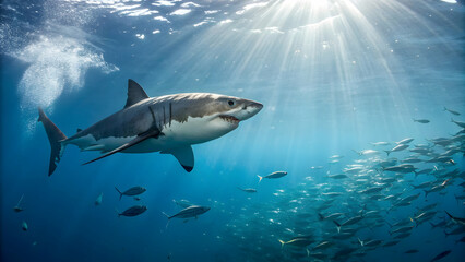 Naklejka premium Majestic Great White Shark Swimming in Clear Blue Ocean Waters