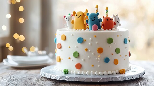 A vibrant and playful birthday cake, featuring colorful fondant characters and whimsical decorations in a cheerful and eye catching design.