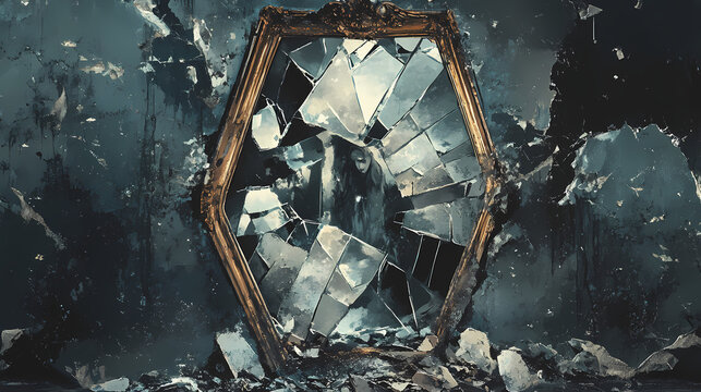 Fractured reflections: broken mirrors reflect distorted images of a once-beloved self, haunting reminders of what was lost in the pursuit of oblivion. Oblivian. Illustration