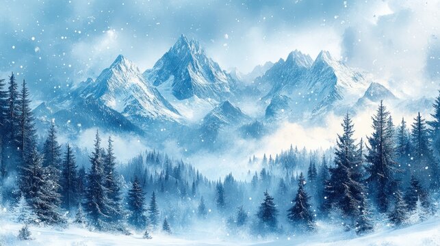 Winter Snowy Mountain Landscape Watercolor Illustration