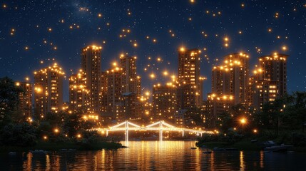 Fototapeta premium Captivating Night Cityscape with Skyscrapers Illuminated by Stunning Fireworks Reflecting on Serene Waterfront, Perfect for Festive Celebrations and Urban Nightlife