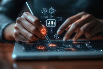 Person interacting with holographic support icons in modern workspace for technical assistance and customer service