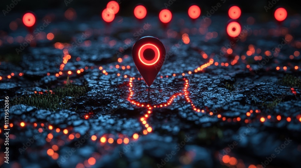 Poster mapping digital connections interactive location points on cracked ground nighttime technology visua