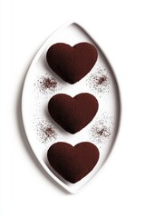 Obraz premium Three delectable chocolate hearts rest on a pristine white plate, dusted with a delicate layer of powdered sugar, perfect for sharing on Valentine's Day.