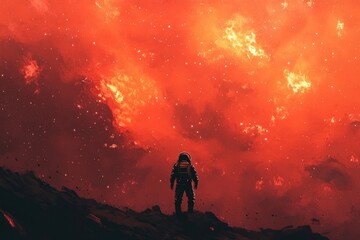Fototapeta premium Astronaut Contemplates a Crimson Cosmic Landscape