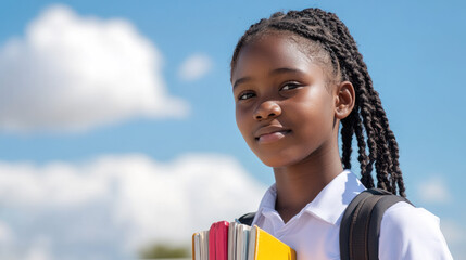 Black teenage student girl holding textbook go to school library