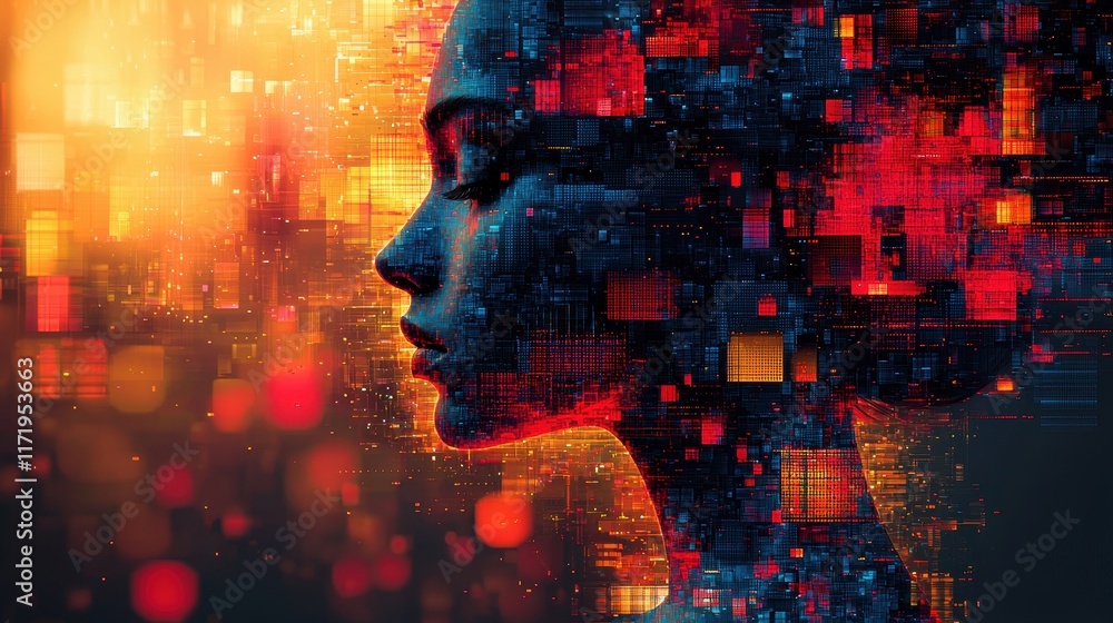 Poster digital portrait of a woman with abstract data patterns studio setting visual art futuristic environ