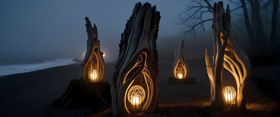 An artistic collection of carvings crafted from driftwood displayed outdoors