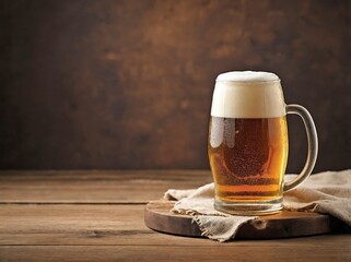 A traditional beer mug filled with golden lager, topped with a frothy white head, sitting on a textured wooden surface.