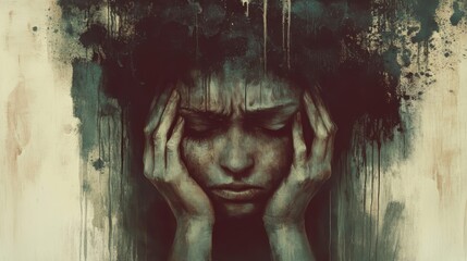 Sad Woman Holding Head, Abstract Pain, Dark Art