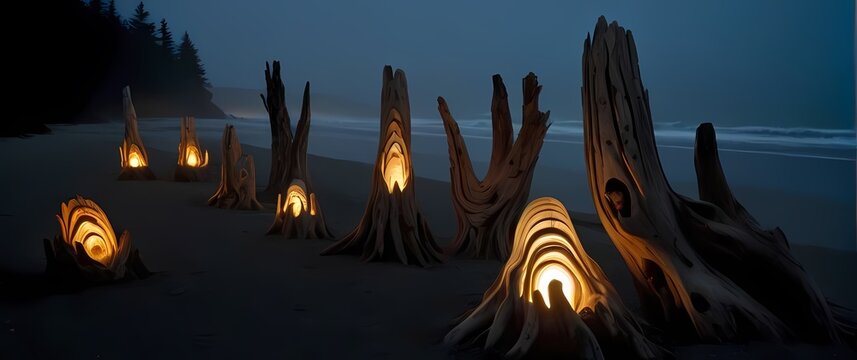 An artistic collection of carvings crafted from driftwood displayed outdoors