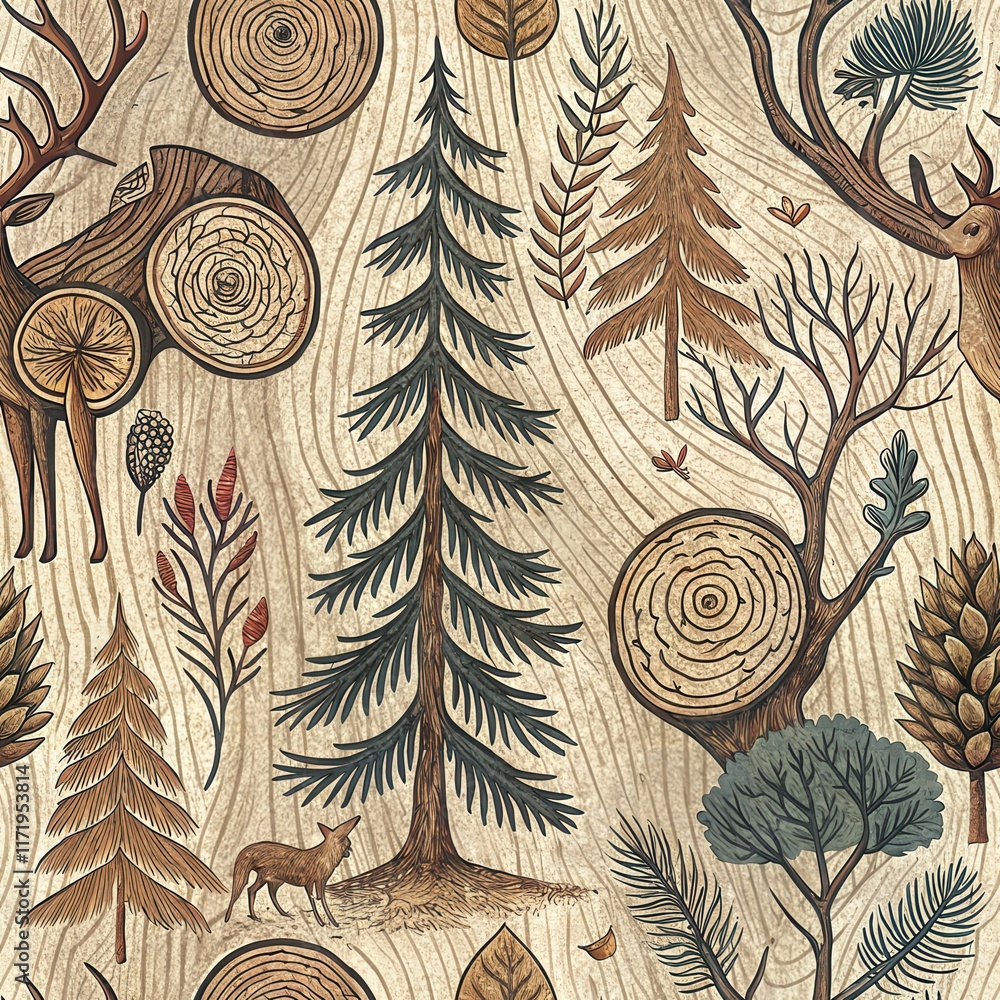 Poster nature-inspired patterns: rustic forest design with trees and wildlife elements