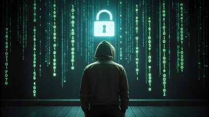 Hooded Figure in Front of Digital Lock and Code Rain Background