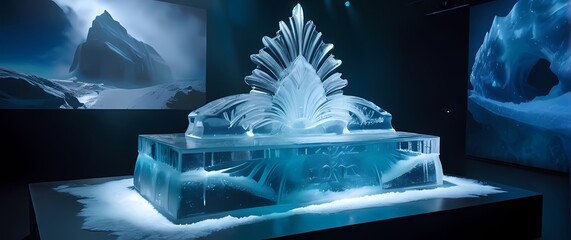 An elaborate ice carving showcased at an event capturing elegance
