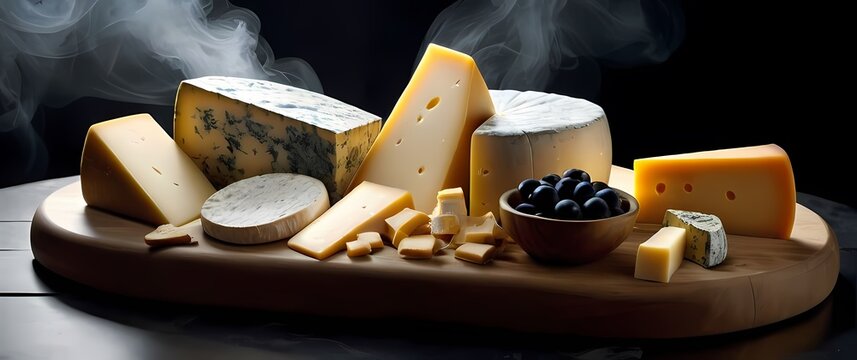 An elegant arrangement of assorted cheeses on a cheese board reflecting taste