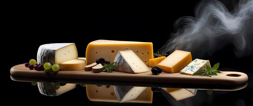An elegant arrangement of assorted cheeses on a cheese board reflecting taste