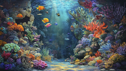 vibrant coral reef scene with colorful tropical fish swimming gracefully