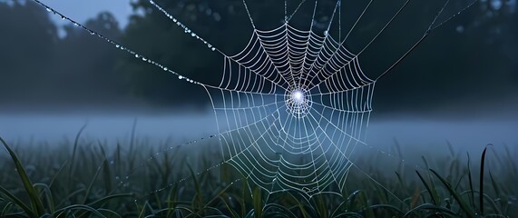 An enchanting spiders web glistening with morning dew