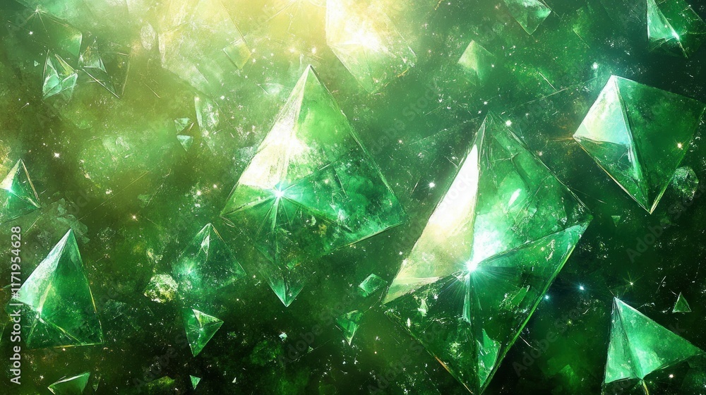Poster vibrant abstract green crystals background with shimmering light and triangular shapes