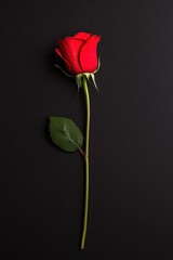 Obraz premium A striking red rose stands alone against a deep black backdrop, symbolizing love and passion, perfect for a romantic Valentine's Day gesture.