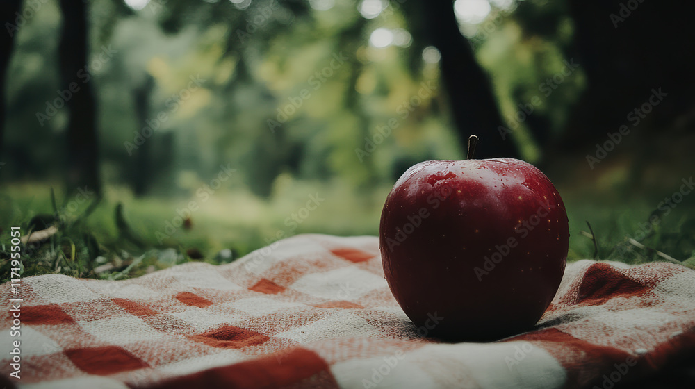 Poster close up of red apple resting on picnic blanket in natural setting, surrounded by greenery and soft 