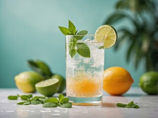 Fototapeta premium A tall glass of clear white rum garnished with a slice of lime and a sprig of mint.