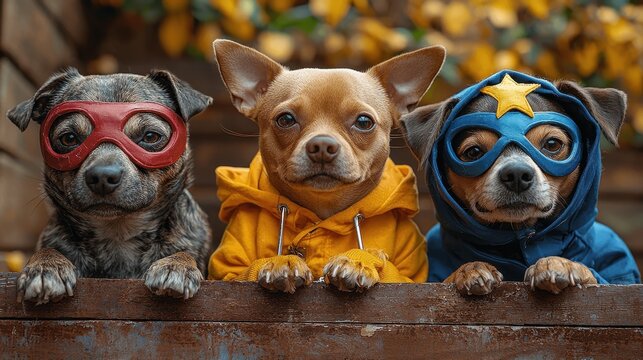 Superhero dogs in costumes urban setting pet photography fun environment close-up view whimsical concept - Powered by Adobe