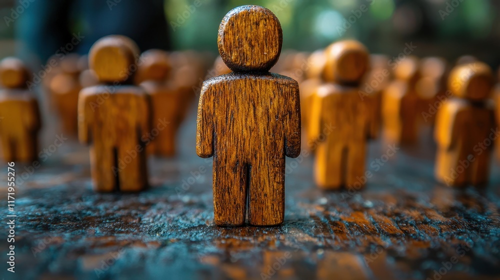 Poster gathering of wooden figurines representing community and connection in a natural setting
