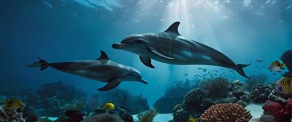 Fototapeta premium An underwater scene showcasing dolphins swimming gracefully among coral reefs