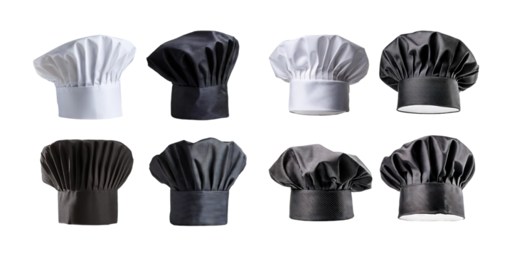 Selection of Chef Hats in Various Colors and Styles on Transparent Background
